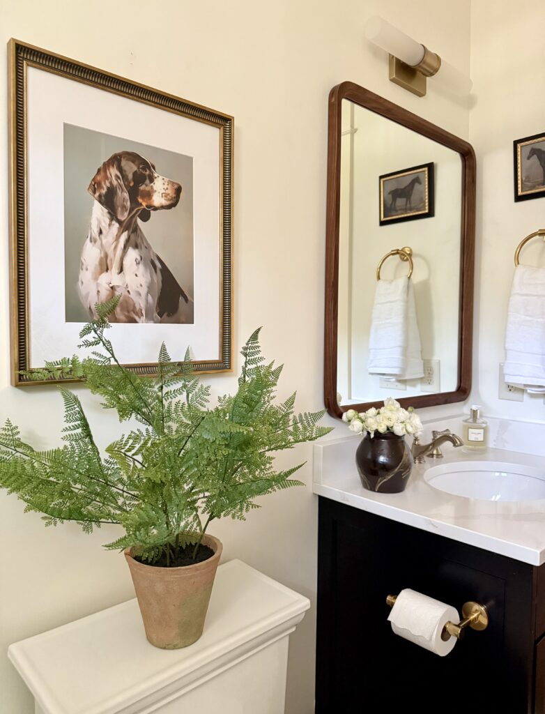 photo of classic, masculine bathroom showing brass light fixture, brass decor, and brass accessories by Atlanta interior designer in coastal craftsman Buckhead home.