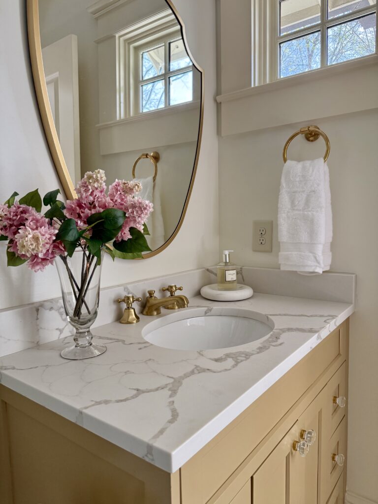 photo of timeless girl's bathroom showing use of brass plumbing fixtures, brass cabinet hardware, brass mirror, and brass bath accessories by Atlanta interior designer in a classic coastal craftsman Buckhead home.